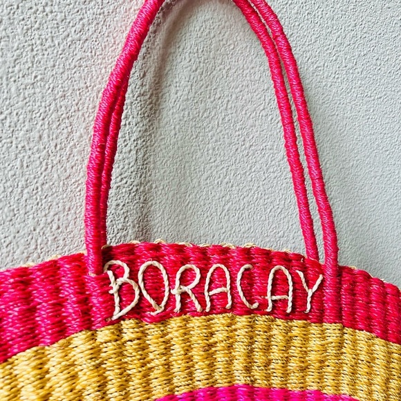 Bright Colorful Striped BORACAY Straw Zip Closure Boho Medium Tote Shoulder Bag - Picture 12 of 13